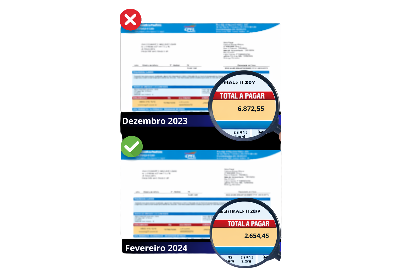 Comparação de conta de energia antes e depois da limpeza robotizada — Dezembro 2023: R$ 6.872,55 vs Fevereiro 2024: R$ 2.654,45